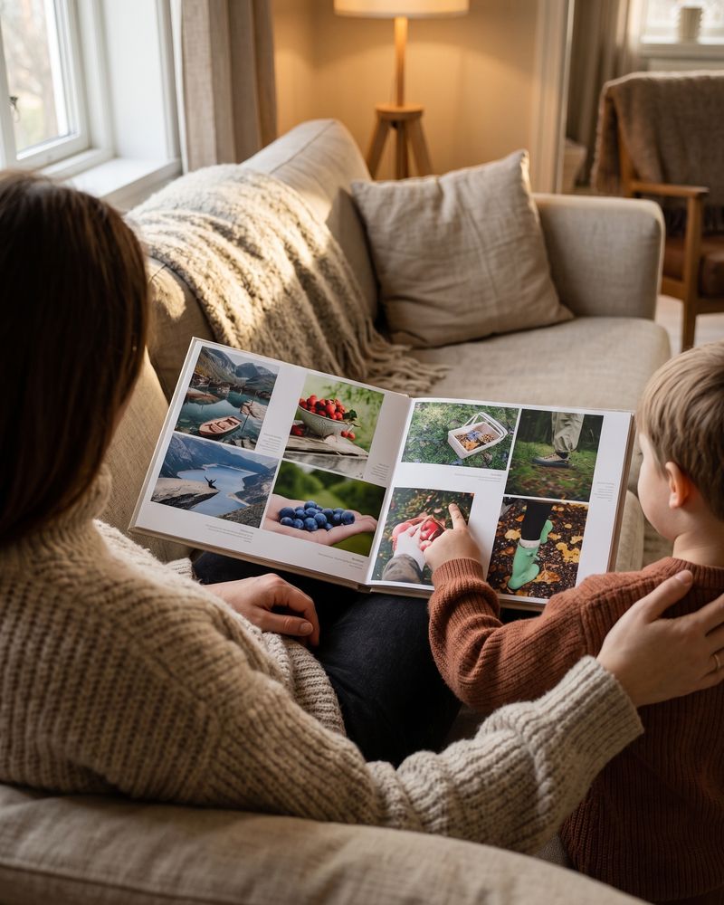 En forelder og et barn blar i en åpen Minner-bok i sofaen