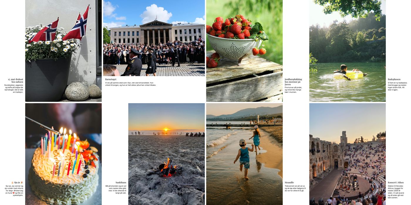 Et oppslag i en Minner-bok med åtte bilder fra forsommeren, fire på hver side, hvert med tittel og en kort tekst ved siden av. Til venstre norske flagg i en blomsterpotte, barnetoget foran Universitetet, en bursdagskake med sju lys og et bål på stranden i solnedgang. Til høyre jordbær i et dørslag, et barn som bader i en badering, to barn som løper langs vannkanten og en konsert i et antikt amfiteater.